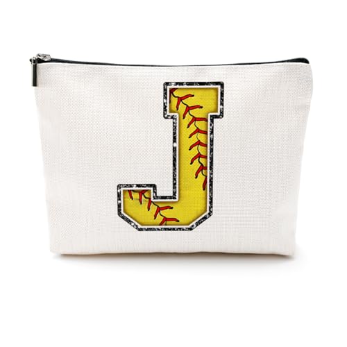 Softball-Geschenktasche mit Initiale, Monogramm-Buchstabe A-Z, Kosmetiktasche für Mädchen, Frauen, Softballspieler, Trainerliebhaber, gelb, 9.6 x 7.4 inches, J von CQM