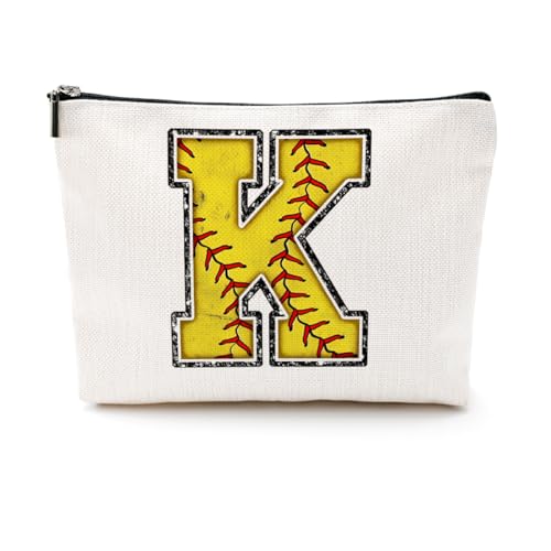 Softball-Geschenktasche mit Initiale, Monogramm-Buchstabe A-Z, Kosmetiktasche für Mädchen, Frauen, Softballspieler, Trainerliebhaber, gelb, 9.6 x 7.4 inches, K von CQM