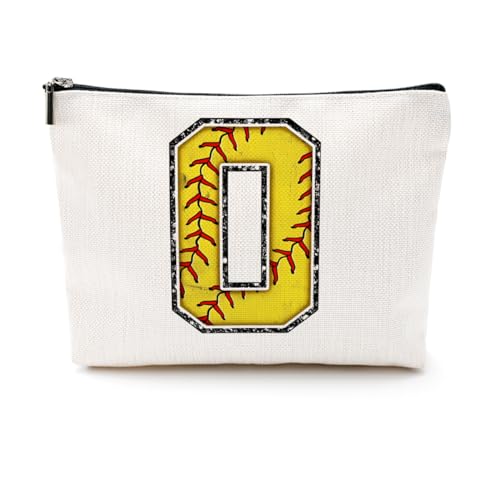 Softball-Geschenktasche mit Initiale, Monogramm-Buchstabe A-Z, Kosmetiktasche für Mädchen, Frauen, Softballspieler, Trainerliebhaber, gelb, 9.6 x 7.4 inches, O von CQM