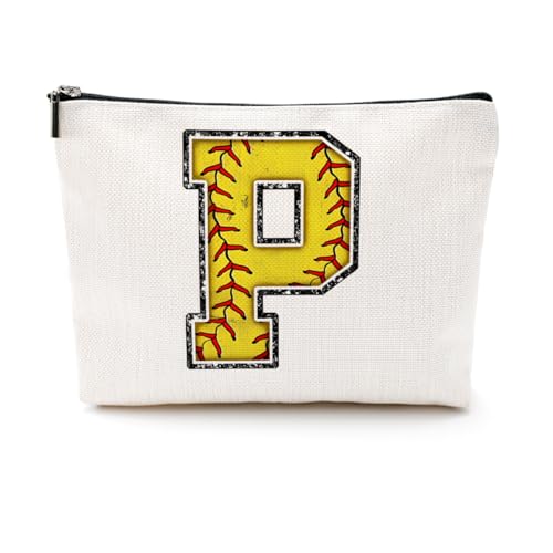 Softball-Geschenktasche mit Initiale, Monogramm-Buchstabe A-Z, Kosmetiktasche für Mädchen, Frauen, Softballspieler, Trainerliebhaber, gelb, 9.6 x 7.4 inches, P von CQM