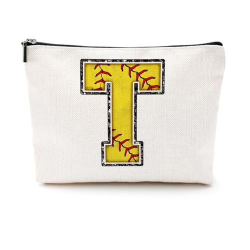 Softball-Geschenktasche mit Initiale, Monogramm-Buchstabe A-Z, Kosmetiktasche für Mädchen, Frauen, Softballspieler, Trainerliebhaber, gelb, 9.6 x 7.4 inches, T von CQM