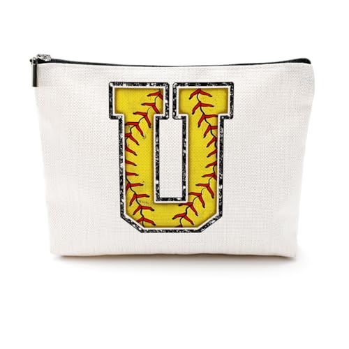 Softball-Geschenktasche mit Initiale, Monogramm-Buchstabe A-Z, Kosmetiktasche für Mädchen, Frauen, Softballspieler, Trainerliebhaber, gelb, 9.6 x 7.4 inches, U von CQM