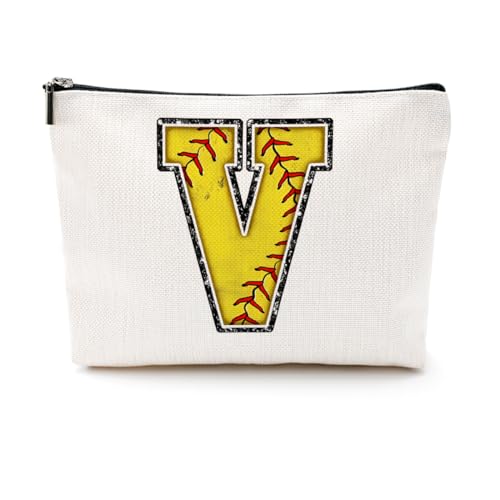 Softball-Geschenktasche mit Initiale, Monogramm-Buchstabe A-Z, Kosmetiktasche für Mädchen, Frauen, Softballspieler, Trainerliebhaber, gelb, 9.6 x 7.4 inches, V von CQM