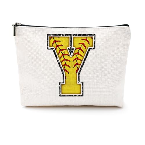 Softball-Geschenktasche mit Initiale, Monogramm-Buchstabe A-Z, Kosmetiktasche für Mädchen, Frauen, Softballspieler, Trainerliebhaber, gelb, 9.6 x 7.4 inches, Y von CQM