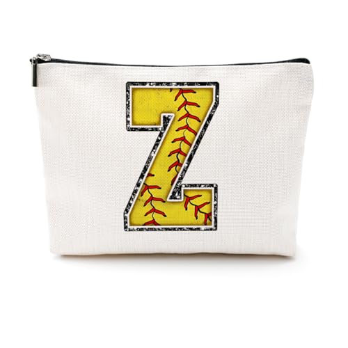 Softball-Geschenktasche mit Initiale, Monogramm-Buchstabe A-Z, Kosmetiktasche für Mädchen, Frauen, Softballspieler, Trainerliebhaber, gelb, 9.6 x 7.4 inches, Z von CQM