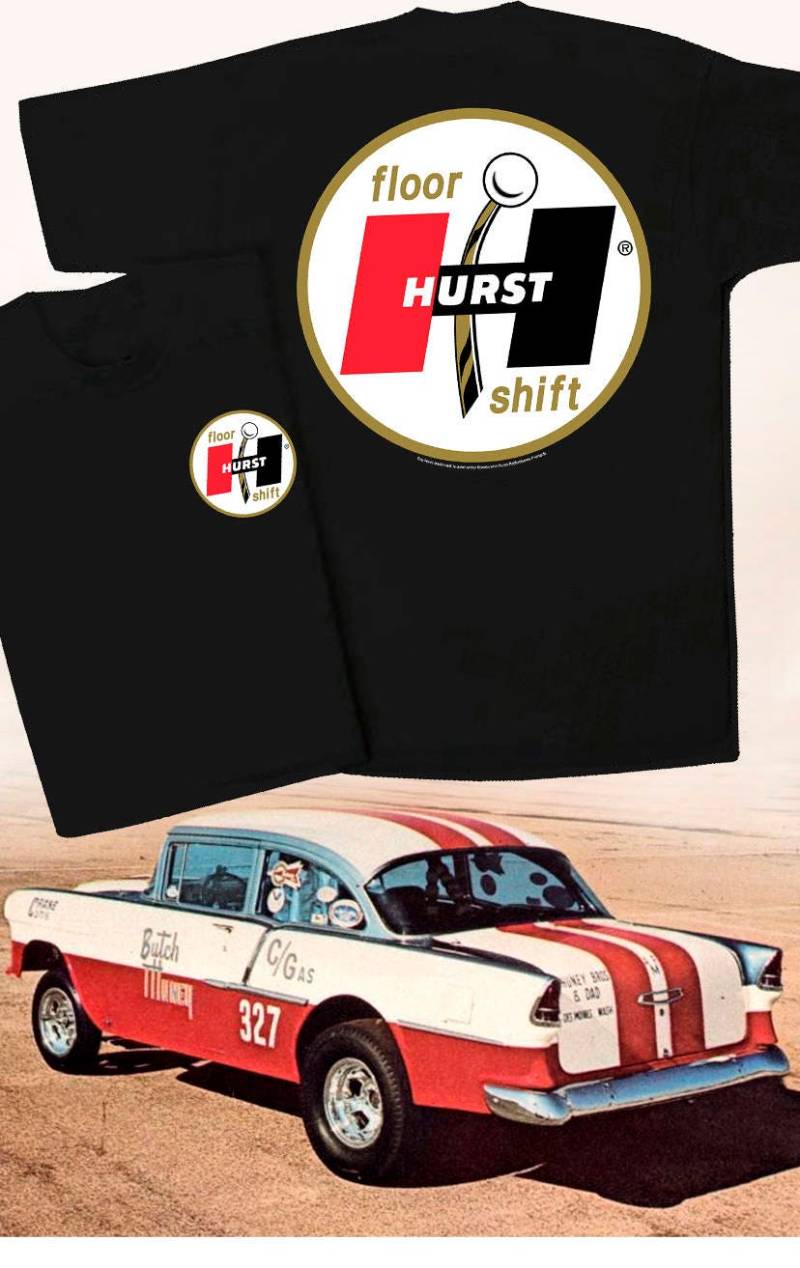 Hurst Gold Floor Shift Schwarzes T-Shirt - Hs #056 T-Griff Wettbewerb Plus 4-Gang Gasser Aufkleber Radschieber Hot Rod Ziehen von CQQLAuto