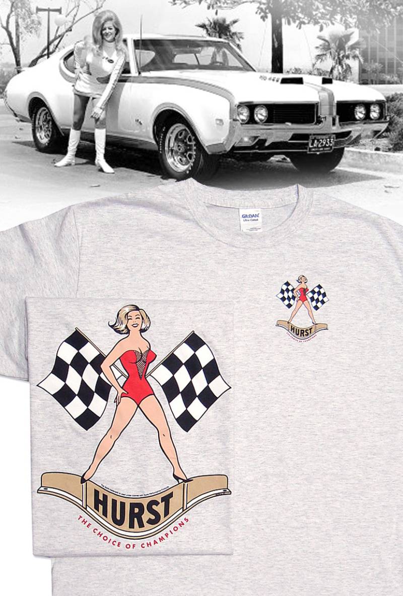 Hurst Motor Mount Aschgraues T-Shirt - Hs #055 Gasser Ziehen Rad Aufkleber Linda Vaughn Miss Golden Shifter von CQQLAuto