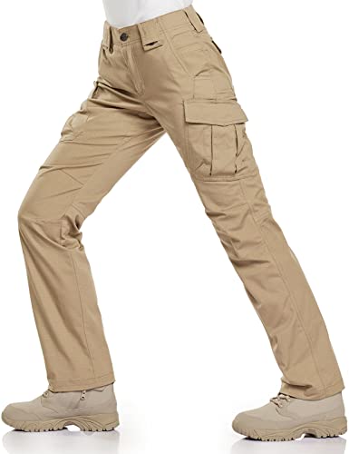 CQR Damen Flex Stretchige Taktische Hose, Wasserabweisende Ripstop-Arbeitshose, Cargohose, mit elastische Taille und Taschen, Cargo Khaki, 42 Lang von CQR