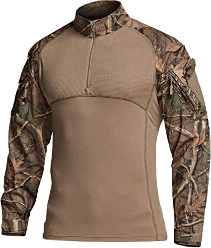 CQR Herren Combat-Shirt-Serie mit 1/4-Reißverschluss, Langarm, camo Militär-Shirt, Top, Tos204 1pack - Hunting Camo, L von CQR