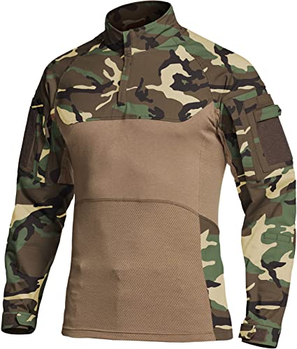 CQR Herren Combat-Shirt-Serie mit 1/4-Reißverschluss, Langarm, camo Militär-Shirt, Top, Tos212 1pack - Woodland Olive Green, L von CQR