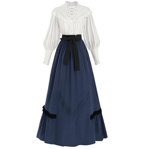 CR ROLECOS Viktorianisches Kleid Mittelalter Kleidung Damen 2-teiliger Renaissance Maxikleid Viktorianisches Bluse+Mittelalter Röcke Ballkleid Teeparty Königs Blau M von CR ROLECOS