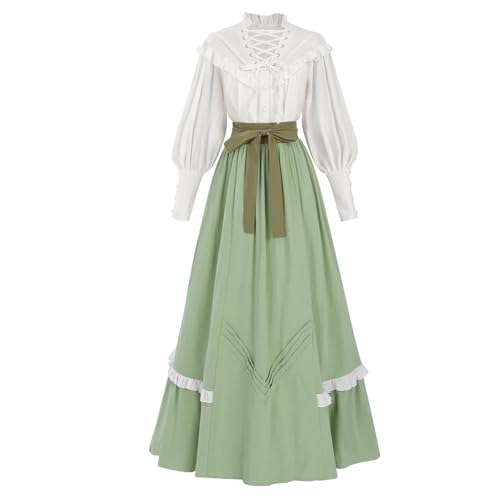 CR ROLECOS Viktorianisches Kleid Mittelalter Kleidung Damen 2-teiliger Renaissance Maxikleid Viktorianisches Bluse+Mittelalter Röcke Ballkleid Teeparty Olive Grün S von CR ROLECOS