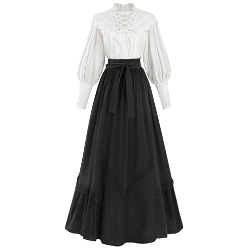 CR ROLECOS Viktorianisches Kleid Mittelalter Kleidung Damen 2-teiliger Renaissance Maxikleid Viktorianisches Bluse+Mittelalter Röcke Ballkleid Teeparty Schwarz XXL von CR ROLECOS