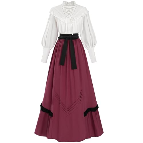 CR ROLECOS Viktorianisches Kleid Mittelalter Kleidung Damen 2-teiliger Renaissance Maxikleid Viktorianisches Bluse+Mittelalter Röcke Ballkleid Teeparty Ziegelrot L von CR ROLECOS