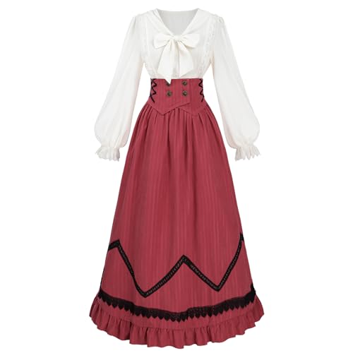 CR ROLECOS Viktorianische Kleid Damen Mittelalter 1900er Renaissance Kostüm 2-Teiliger Viktorianische Bluse Vintage Mittelalter Rock Set Ballkleider Damen Lang Rot XL von CR ROLECOS