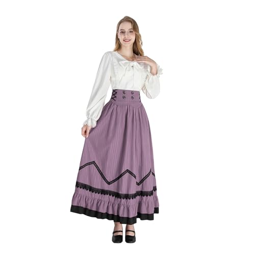 CR ROLECOS Viktorianische Kleid Damen Mittelalter 1900er Renaissance Kostüm 2-Teiliger Viktorianische Bluse Vintage Mittelalter Rock Set Ballkleider Damen Lang Violet XL von CR ROLECOS
