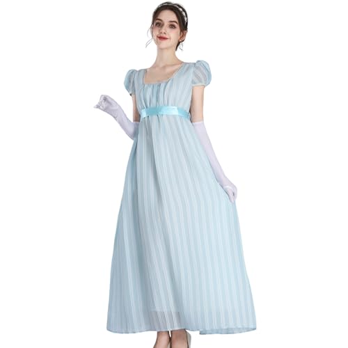 CR ROLECOS Damen Regency Kleid Viktorianische Jane Austen Lange Vintage Viktorianische Regency Era Ballkleid mit Handschuhen Empire Taille Blau XXL von CR ROLECOS