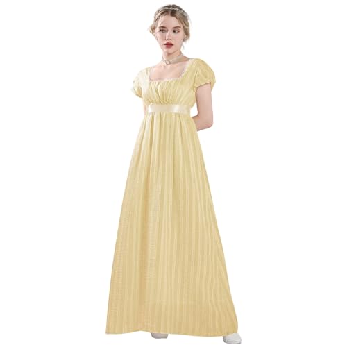 CR ROLECOS Damen Regency Kleid Viktorianische Jane Austen Lange Vintage Kleid Viktorianische Regency Era Ballkleid mit Handschuhen Empire Taille Gelb L von CR ROLECOS