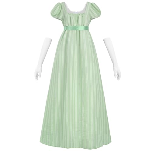 CR ROLECOS Damen Regency Kleid Viktorianische Jane Austen Lange Vintage Kleid Viktorianische Regency Era Ballkleid mit Handschuhen Empire Taille Grün XXL von CR ROLECOS