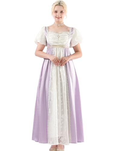 CR ROLECOS Damen Regency Kleid für Frauen Bridgerton Puffy Ballkleid Lange mit Handschuhe Vintage Regency Kleid S von CR ROLECOS