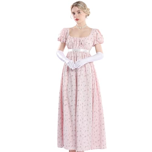 CR ROLECOS Damen Regency Kleid für Frauen blumige viktorianische Kleid mit Handschuhe Vintage Regency Kleider Pink M von CR ROLECOS