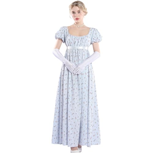 CR ROLECOS Regency Kleid Damen Jane Austen Kleid Empire Kleider mit Handschuhen Viktorianische Ballkleid Damen Lang Cocktailkleid Gala Blau M von CR ROLECOS