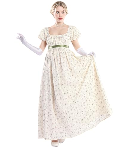 CR ROLECOS Regency Kleid Damen Jane Austen Kleid Empire Kleider mit Handschuhen Viktorianische Ballkleid Damen Lang Cocktailkleid Gala Beige M von CR ROLECOS