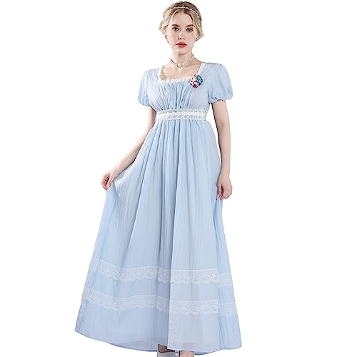 CR ROLECOS Damen Regency Kleider für Damen mit Sash Viktorianisches Kleider Puffärmel Empire-Taillenkleid Blau M von CR ROLECOS