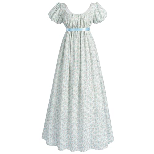 CR ROLECOS Regency Kleid Damen Jane Austen Kleid Empire Kleider mit Handschuhen Viktorianische Ballkleid Damen Lang Cocktailkleid Gala Blau-grün S von CR ROLECOS