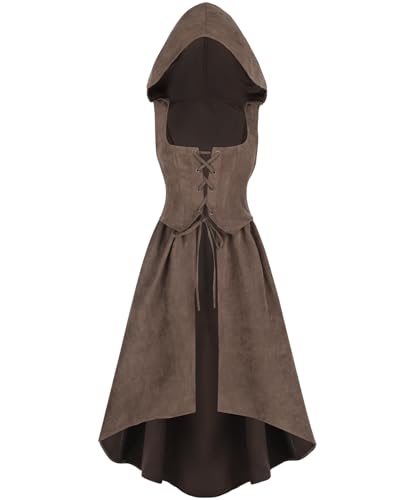 CR ROLECOS Damen Renaissance Kleid Unterbrust Mittelalter Pirat Pesant Overdress mit Taschen High Low Kleid L Braun von CR ROLECOS