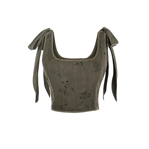CR ROLECOS Damen Renaissance Korsett Top - Mittelalter Corset Top Vintage Corsage U-Ausschnitt mit Träger Blumendruck Corsett Weste Ölwachs Grün XXL von CR ROLECOS