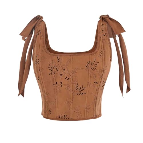 CR ROLECOS Damen Renaissance Korsett Top - Mittelalter Corset Top Vintage Corsage U-Ausschnitt mit Träger Blumendruck Corsett Weste Orange Gelb Braun XXL von CR ROLECOS