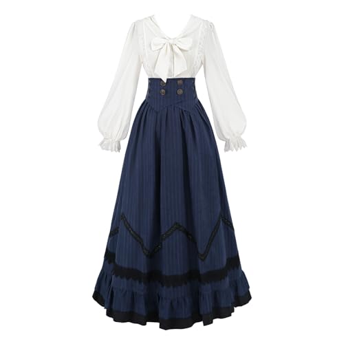CR ROLECOS Damen Viktorianisches Kleid 1900er Mittelalter Kostüm 2 pcs Set Viktorianisches Bluse Vintage Mittelalter Maxirock Blau XL von CR ROLECOS