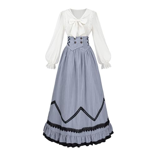 CR ROLECOS Viktorianische Kleid Damen Mittelalter 1900er Renaissance Kostüm 2-Teiliger Viktorianische Bluse Vintage Mittelalter Rock Set Ballkleider Damen Lang Grey XXL von CR ROLECOS