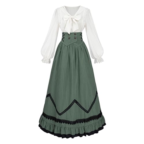 CR ROLECOS Viktorianische Kleid Damen Mittelalter 1900er Renaissance Kostüm 2-Teiliger Viktorianische Bluse Vintage Mittelalter Rock Set Ballkleider Damen Lang Grün S von CR ROLECOS
