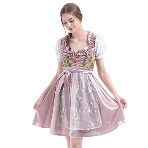 CR ROLECOS Dirndl Für Damen Dirndl Kleider Damen Trachtenkleid Dirndl Damen midi Dirndl auf dem Oktoberfest 3 Set:Dirndl Rosa Mit Bluse, schürze 3XL von CR ROLECOS