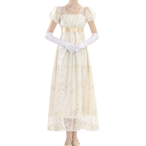 CR ROLECOS Empire Kleid Damen Regency Kleid Damen Viktorianisches mit Puffärmeln für Hochzeit Gold L von CR ROLECOS