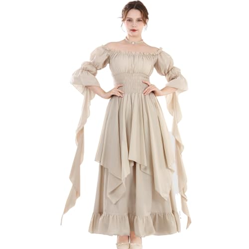 CR ROLECOS Mittelalter Kleid Damen Gothic Kleid Lang Viktorianisches Renaissance Kleid Mittelalterliches Ballkleid Schulterfrei Hexenkleid Beige L/XL von CR ROLECOS