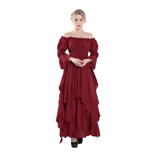 CR ROLECOS Mittelalter Kleid Damen Gothic Kleid Lang Viktorianisches Renaissance Kleid Mittelalterliches Ballkleid Schulterfrei Hexenkleid Rot XXL/3XL von CR ROLECOS