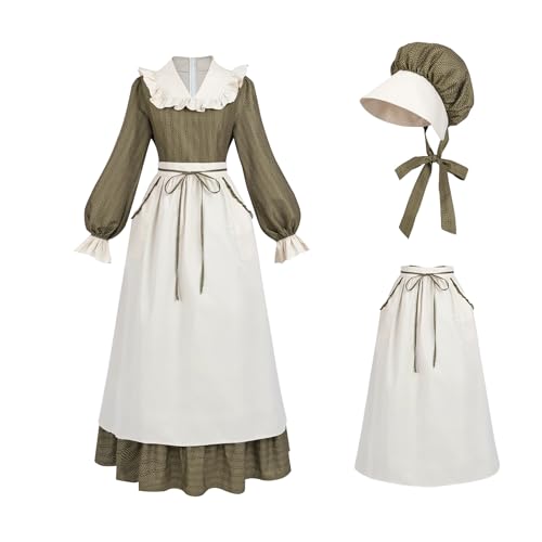 CR ROLECOS Mittelalter Kleid Damen Laternenärmel Hoher Taille Viktorianisches Kleid Vintage Mittelalter kostüm mit Schürzen und Mützen M von CR ROLECOS