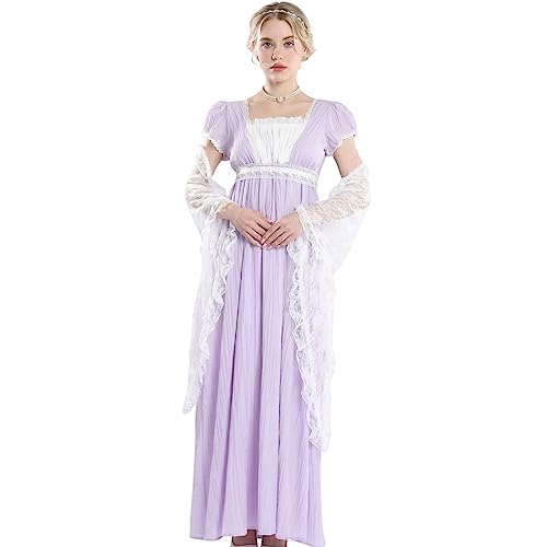 CR ROLECOS Mittelalter Kleidung Damen Regency Kleid Viktorianisches Kleider Vintage Ballkleid Retro Damen Mit Schal Lila XXL von CR ROLECOS