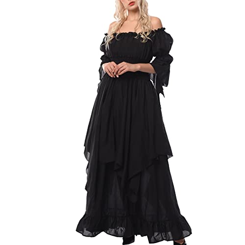 CR ROLECOS Mittelalter Kleid Damen Gothic Kleid Lang Viktorianisches Renaissance Kleid Mittelalterliches Ballkleid Schulterfrei Hexenkleid Schwarz XXL/3XL von CR ROLECOS