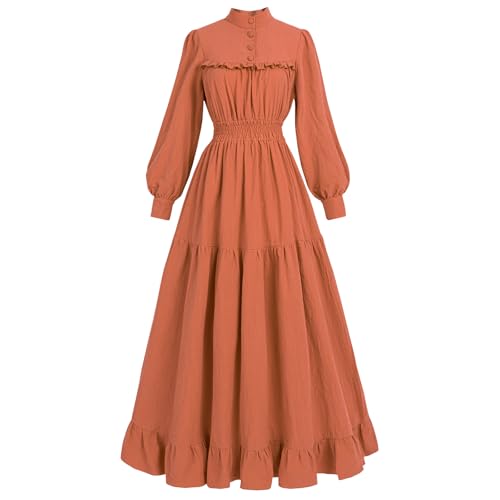 CR ROLECOS Mittelalter Kleidung Damen Viktorianisches Kleid Langarm A-Linie Vintage Edwardianisches Renaissance Maxikleid Ballkleid Abendkleid Damen Lang Orange S von CR ROLECOS
