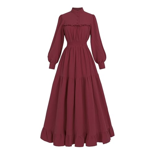 CR ROLECOS Mittelalter Kleidung Damen Viktorianisches Kleid Langarm A-Linie Vintage Edwardianisches Renaissance Maxikleid Ballkleid Abendkleid Damen Lang Rotwein M von CR ROLECOS