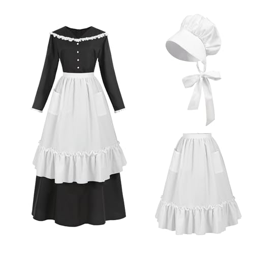 CR ROLECOS Mittelalterliches Kleid Damen A-Linie Langarm Viktorianisches Maxikleid Vintage Mittelalter Kostüm Schwarzes Gothic Kleid Mit Schürzen XXL von CR ROLECOS