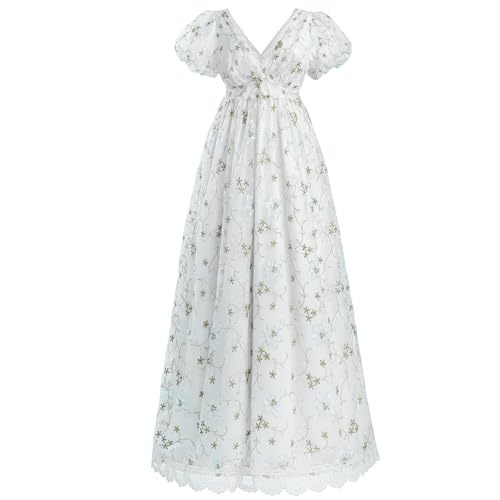 CR ROLECOS Regency Kleid Damen Jane Austen Empire-Taille Renaissance Viktorianisches Kleid für Partys Hochzeiten und Gala mit Handschuhen L von CR ROLECOS