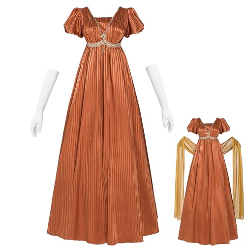 CR ROLECOS Regency Kleid Damen Jane Austen Viktorianisches Empire Kleid Hohe Taille Vintage mit Schal Renaissance Kostüm für Partys Gala XL von CR ROLECOS