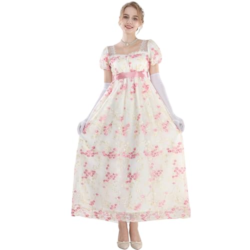 CR ROLECOS Regency Kleid Empire Kleider Prinzessin Kleid Damen Tüll mit Handschuhen Viktorianisches Ballkleid Damen Lang Abendkleid Rosa L von CR ROLECOS