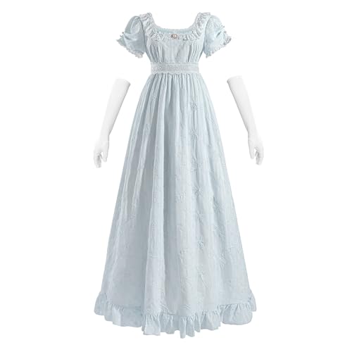 CR ROLECOS Regency Dresses Viktorianisches Empire-Taillenkleid für Damen, Teeparty, Puffärmel, Kostüm, Kleid mit Handschuhen, Blau, Mittel von CR ROLECOS