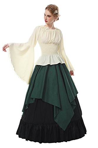CR ROLECOS Renaissance Kostüm Frauen Mittelalterliches Bauernkleid Trompetenärmel Viktorianisch Ren Faire Shirt und Rock Grün XXL von CR ROLECOS